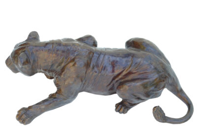 Petite lionne couchée patte avant tendue